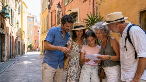 Famille et amis résolvant un indice pendant un jeu de piste dans le Vieux-Nice