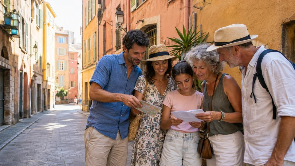 Famille et amis réunis autour d’un indice pendant un jeu de piste dans le Vieux-Nice