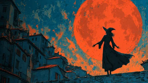 Sorci&egrave;re devant une immense lune rouge au-dessus des toits du Vieux-Nice