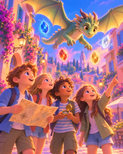 Enfants en qu&ecirc;te du Secret du Dragon dans les rues color&eacute;es de Nice